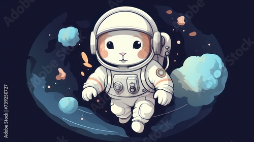 Cartoon illustration of a cute rabbit bunny astronaut surfing in space, science themed fun for kids. © Muamanah