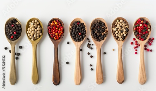 Wooden spoons with colorful pepper on a white background. The concept of spices and cooking.