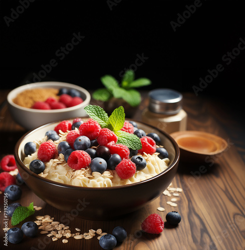 Healthy oatmeal bowl with berries on rustic table background