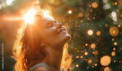Woman in sunbeams with particles in the air. The concept of happiness and harmony.