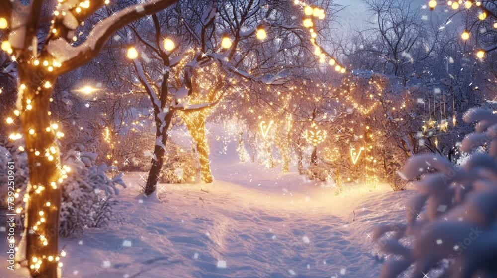 snowy landscape with trees adorned with twinkling lights, seamless looping video background animation
