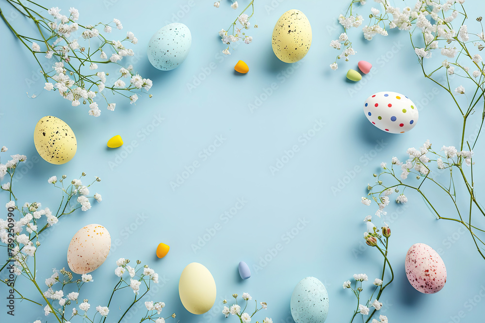 Easter eggs with flowers on a blue background in pastel colors. View from above. Flat style. Easter eggs with flowers on a blue background in pastel colors. View from above. Flat style.