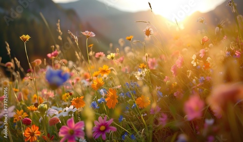 Field with multicolored flowers at sunset. The concept of a peaceful natural landscape.