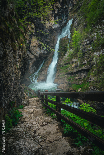 Spectacular Savica waterfall view in the canyon, Slovenia