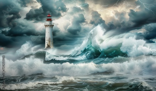 Lighthouse against a stormy sea and thunderclouds. The concept of hope and direction during a storm.