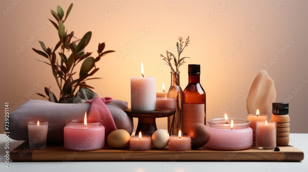 Yoga and meditation set, including mats, blocks, and candles, arranged neatly on a white background, focus on harmony and balance, Photography, produc