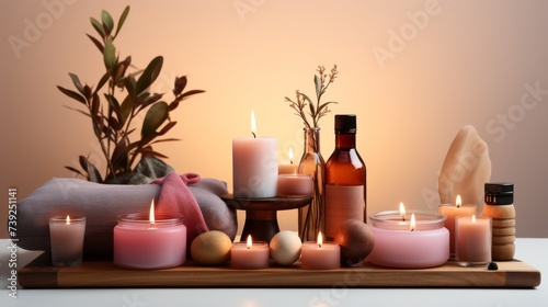 Yoga and meditation set  including mats  blocks  and candles  arranged neatly on a white background  focus on harmony and balance  Photography  produc