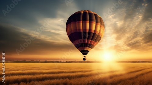 A hot air balloon drifting peacefully across the sky, with the sun setting behind a vast expanse of open fields. © Rashid