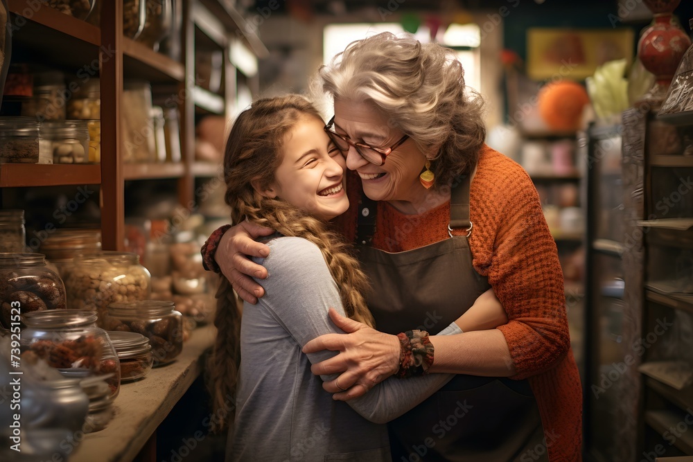 Generational Love: A grandmother and granddaughter embrace in a heartwarming scene at a shop. Concept Family Love, Generations, Heartwarming Moments, Grandmother and Granddaughter, Shop Scene