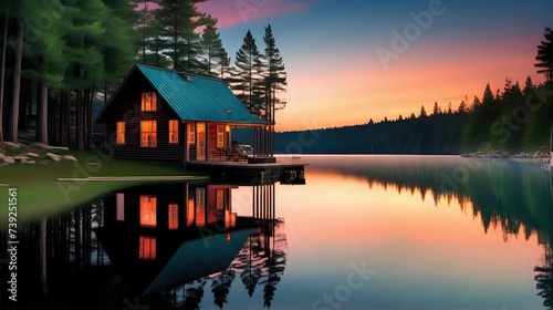 A serene lakeside cabin nestled among tall pine trees, with the tranquil waters reflecting the colors of the sunset. photo
