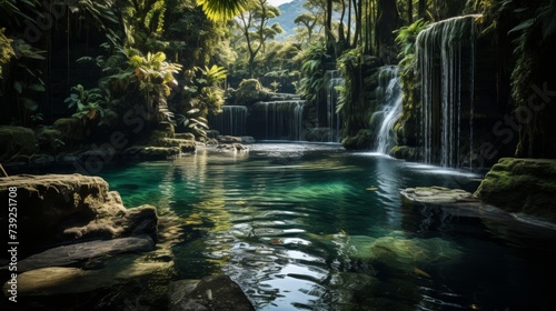 Waterfall cascading through a tropical forest, surrounded by diverse vegetation, a hidden paradise, Photography, slow shutter speed to blur the water
