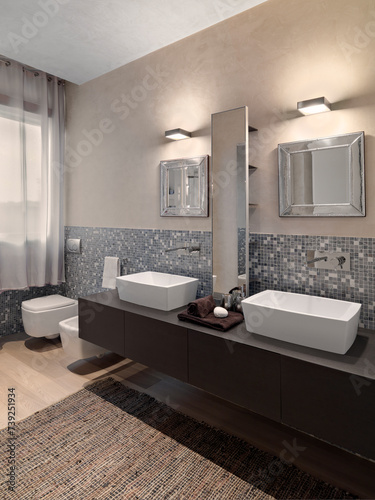 close-up of a bathroom cabinets with two countertop washbasin, two mirror and floor is made of wood (ID: 739251934)