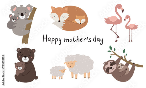 A set of cute animals. Cartoon moms and kids. Hand-drawn koala, fox, flamingo, bear, sheep, sloth. Vector illustration © Victoria Guzeeva
