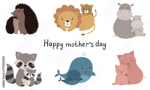 A collection of hand-drawn moms with kids. Cute animals hug their children. Vector illustration in a flat style © Victoria Guzeeva