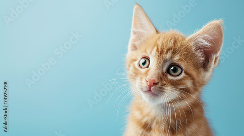 Adorable orange tabby kitten cat with curious face isolated on light blue background with copy space.