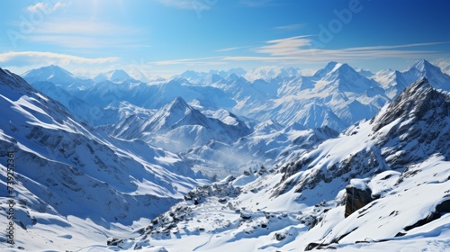 Snow-covered mountain range from the air  peaks and valleys highlighted  conveying the majesty and isolation of mountainous terrain  Photorealistic  d