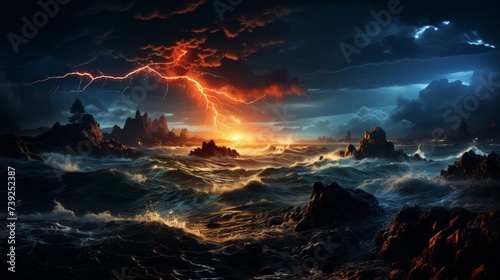 Lightning storm over a rugged coastline  dramatic bolts striking the sea  dark clouds  showcasing the intensity and majesty of thunderstorms  Photorea