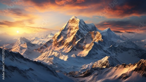 Sunrise over a mountain range, golden light spilling over snow-capped peaks, valleys in soft shadow, capturing the awe-inspiring beauty of mountainous © ProVector
