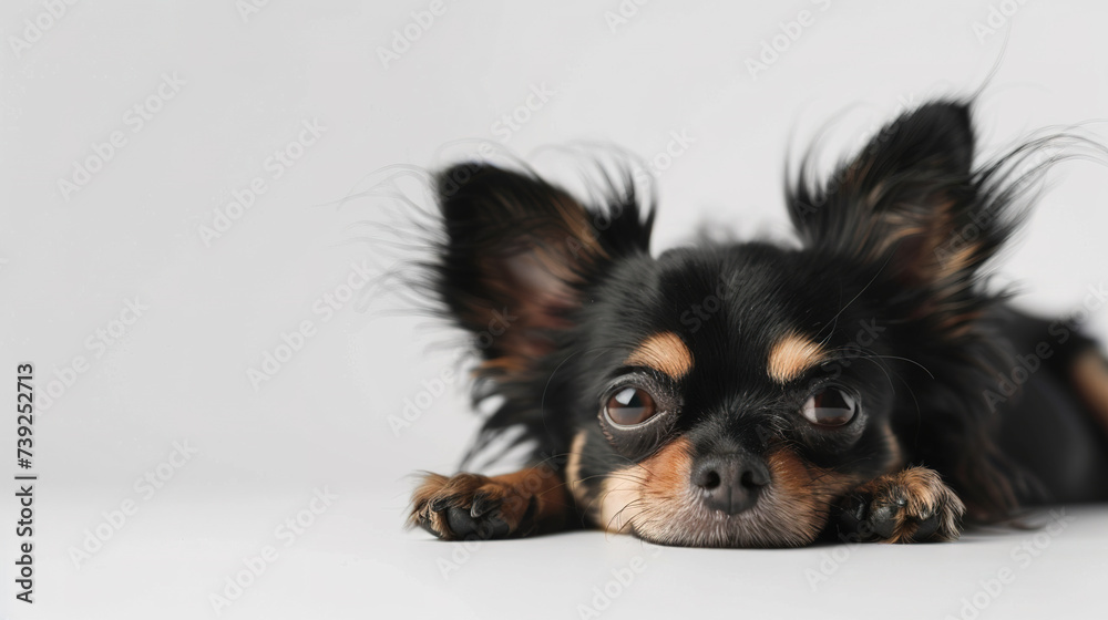 The studio portrait of bored dog Chihuahua lying isolated on white background with copy space for text.