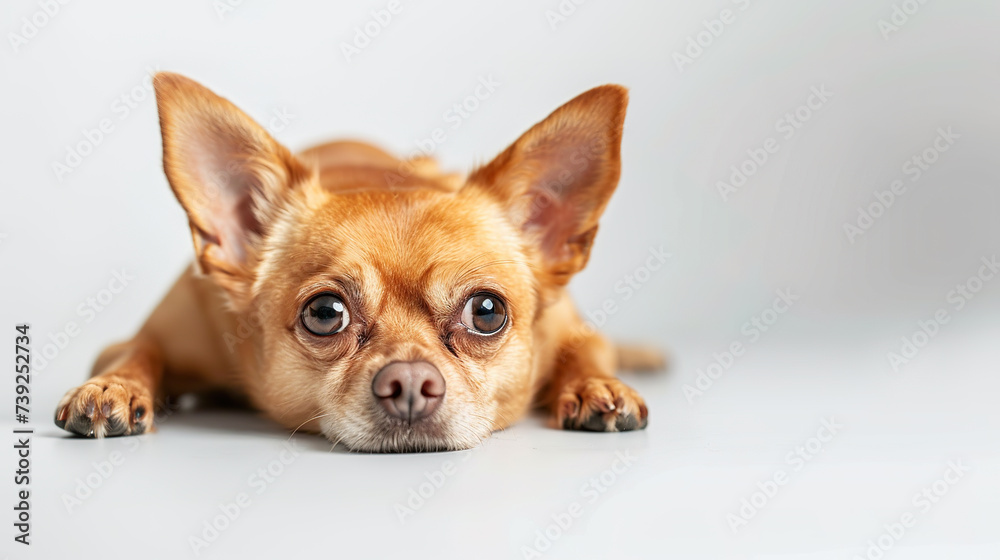 The studio portrait of bored dog Chihuahua lying isolated on white background with copy space for text.