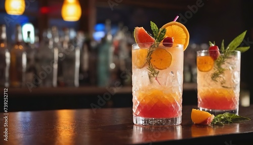 Fresh cocktail drink with ice fruit and herb decoration. Alcoholic, non-alcoholic drink-beverage at the bar counter in the pub restaurant  or night club. photo