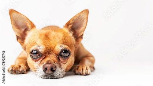 The studio portrait of bored dog Chihuahua lying isolated on white background with copy space for text. © Tepsarit