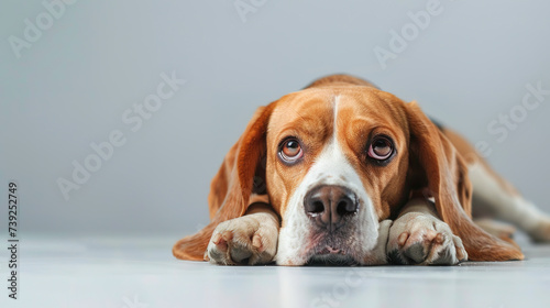 The studio portrait of bored dog beagle lying isolated on white background with copy space for text.