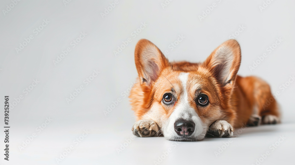 The studio portrait of bored dog corgi lying isolated on white background with copy space for text. The studio portrait of bored dog corgi lying isolated on white background with copy space for text.