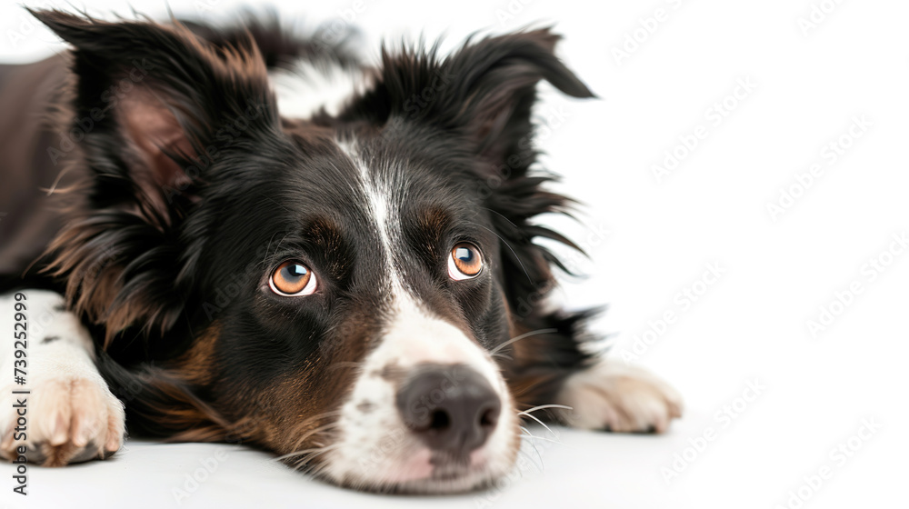 The studio portrait of bored dog border collie lying isolated on white background with copy space for text.