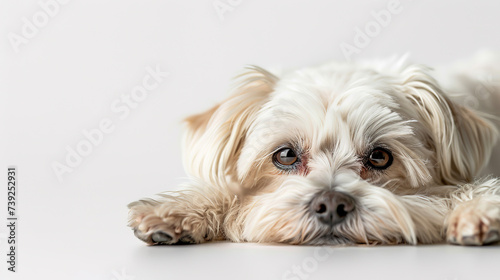 The studio portrait of bored dog maltese lying isolated on white background with copy space for text.