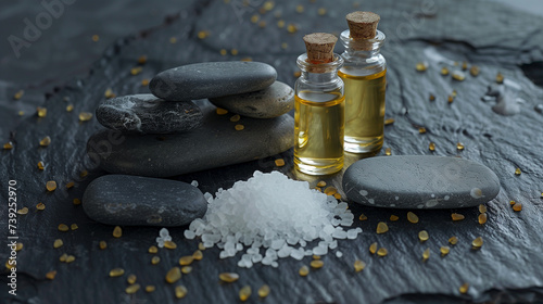 Spa Essentials with Massage Oils and Sea Salt on Slate Background photo