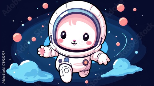 Cartoon illustration of a cute rabbit bunny astronaut surfing in space, science themed fun for kids. © Muamanah