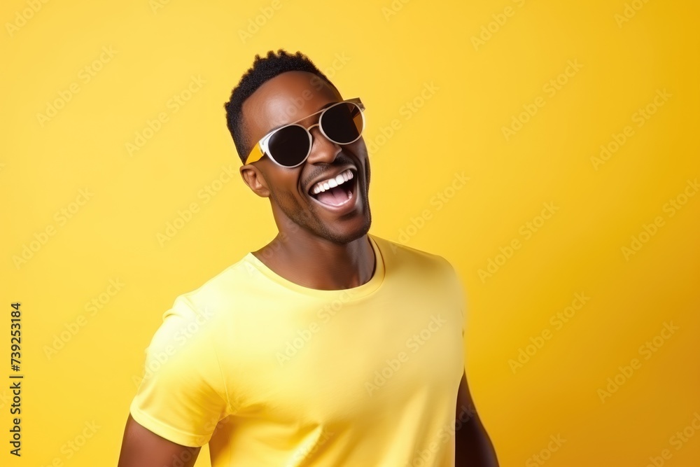 Cheerful Young Man Laughing with Sunglasses Against Yellow Background. Portrait of a joyful African American man in a yellow shirt and stylish sunglasses laughing on a bright yellow backdrop. Cheerful Young Man Laughing with Sunglasses Against Yellow Background. Portrait of a joyful African American man in a yellow shirt and stylish sunglasses laughing on a bright yellow backdrop.