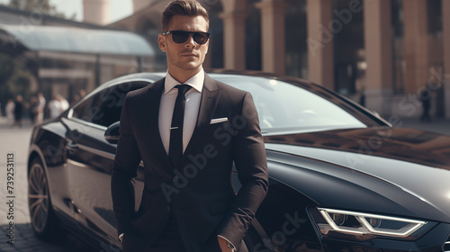 Businessman standing next to his luxury car, rich businessman corporate lifestyle, business success concept, successful Entrepreneur business life © Ali