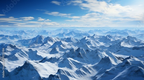 Snow-covered mountain range from the air  showcasing the majesty and isolation of the terrain  Photorealistic  aerial mountain photography  85mm lens 