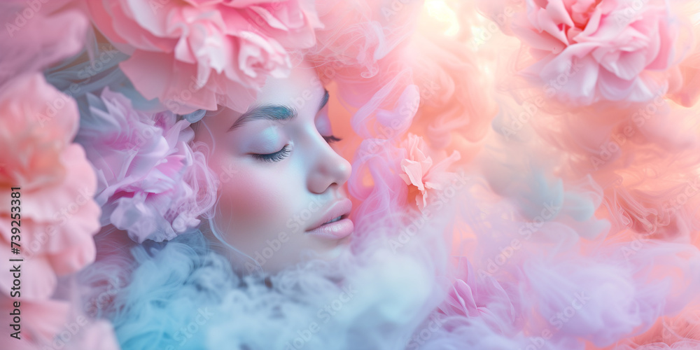 Beautiful face of a young woman in floral and pastel color smoke. Digital art for poster, flyer, banner background or design element. Colorful twisted shapes in motion. Soft textures.