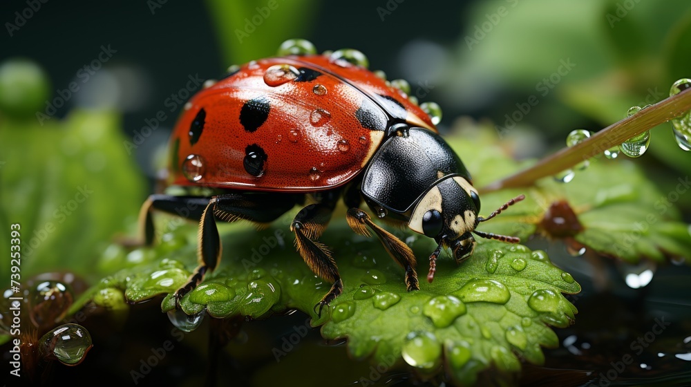 Fototapeta premium Macro shot of a ladybug on a green leaf, vivid red against the lush green, capturing the delicate balance of nature, Photography, high-resolution macr