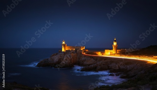 Lighthouse glowing at dark night on coast Spain
