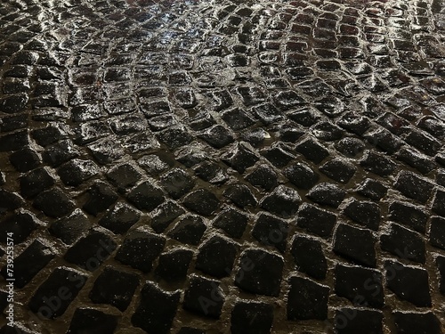 Cobblestone pavement wet from rain with glare of light from the illumination of the night city