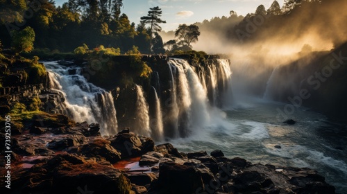 Vibrant rainbow arching over a cascading waterfall, lush greenery surrounding, mist in the air, showcasing the harmony and color of natural spectacles