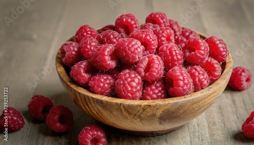 Red raspberries fruit in wood bowl on table