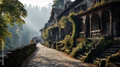 Mountain path leading to a secluded monastery, misty forest surroundings, conveying the journey and solitude in spiritual pursuit, Photorealistic, mon photo