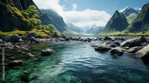 Majestic fjords with steep cliffs and deep blue waters, serene sky, conveying the tranquility and magnificence of glacially carved landscapes, Photore