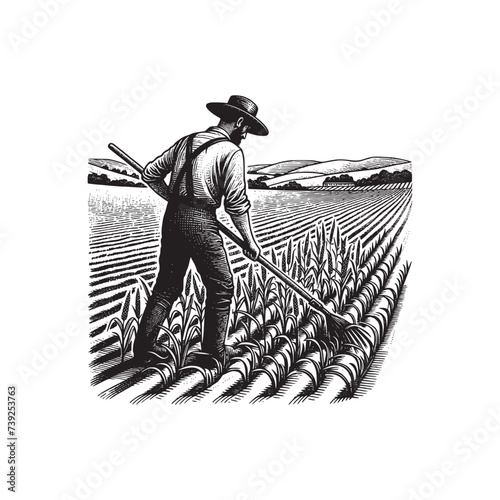 farmer planting in farm field hand drawn art style vector illustration