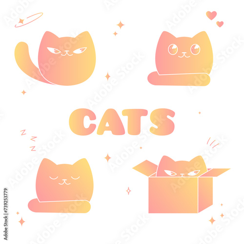 Set of 4 cats. Orange and yellow gradient. Cartoon vector illustration. Sleeping kitten, cunning cat, cute cat and cat in a box.