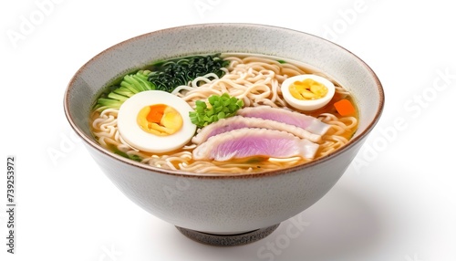 Traditional japanese soup ramen in bowl isolated on white background.