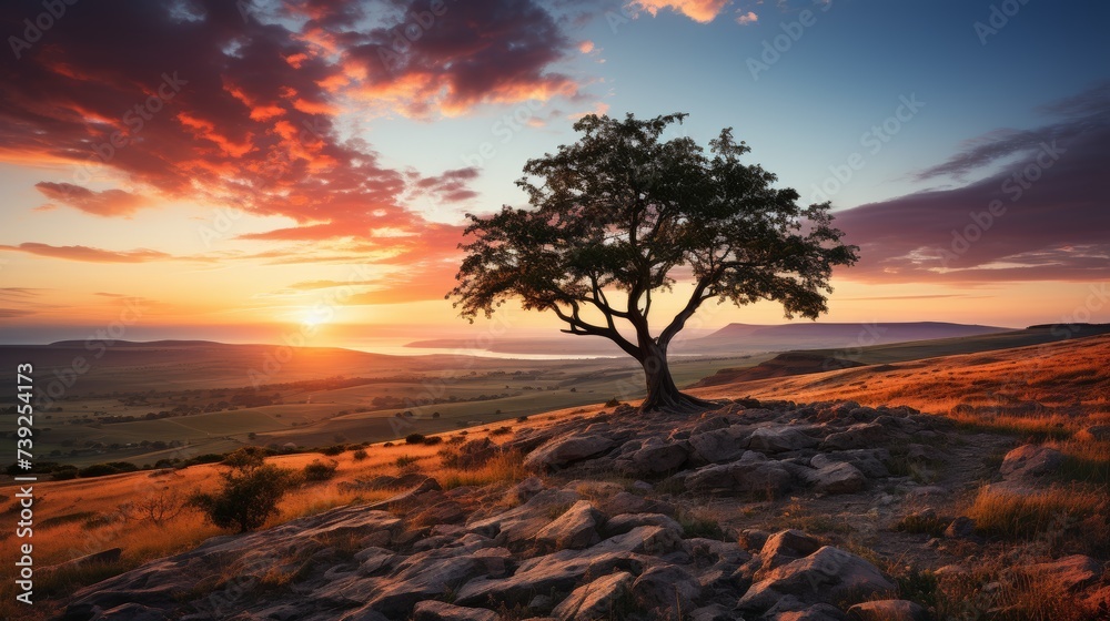 Sunset over a rolling countryside, vibrant colors in the sky, silhouette of a lone tree on a hill, capturing the tranquil and picturesque rural landsc