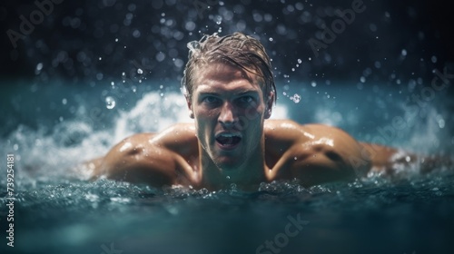 A handsome athletic male swimmer, a professional athlete is training for the swimming championship in the pool. Sports, Healthy lifestyle, Hobbies and leisure concepts. © liliyabatyrova