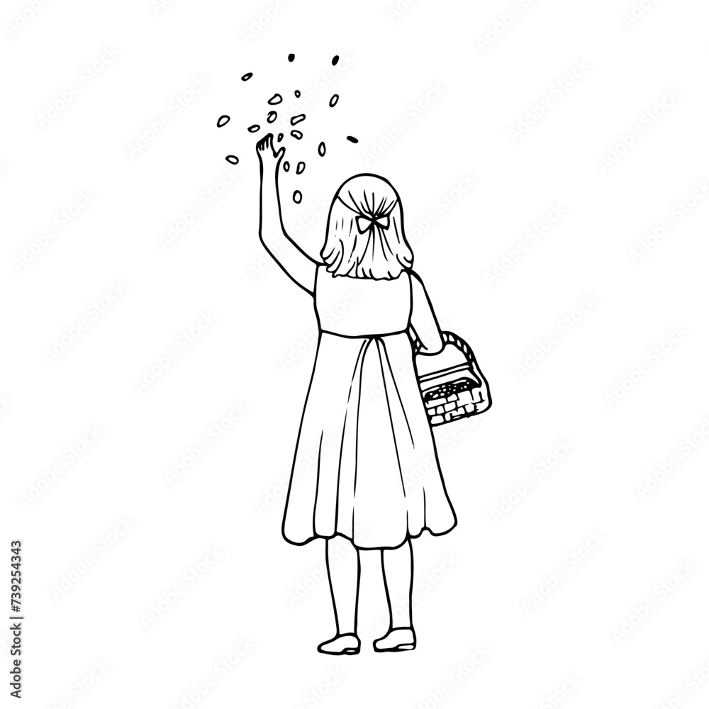little girl throws up flower petals, a basket in her hand, drawing from the back. hand drawn illustration floral girl at wedding little girl throws up flower petals, a basket in her hand, drawing from the back. hand drawn illustration floral girl at wedding