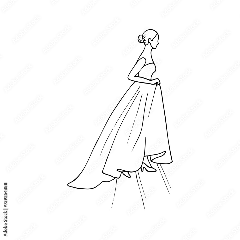 woman in a long dress with a bun on her head climbs the stairs, lifting her hem. hand drawn illustration of a woman in profile woman in a long dress with a bun on her head climbs the stairs, lifting her hem. hand drawn illustration of a woman in profile